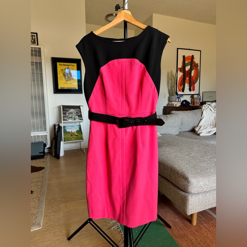 Milly Vibrant Pink and Black Dress w/ Tonal Belt Size 8